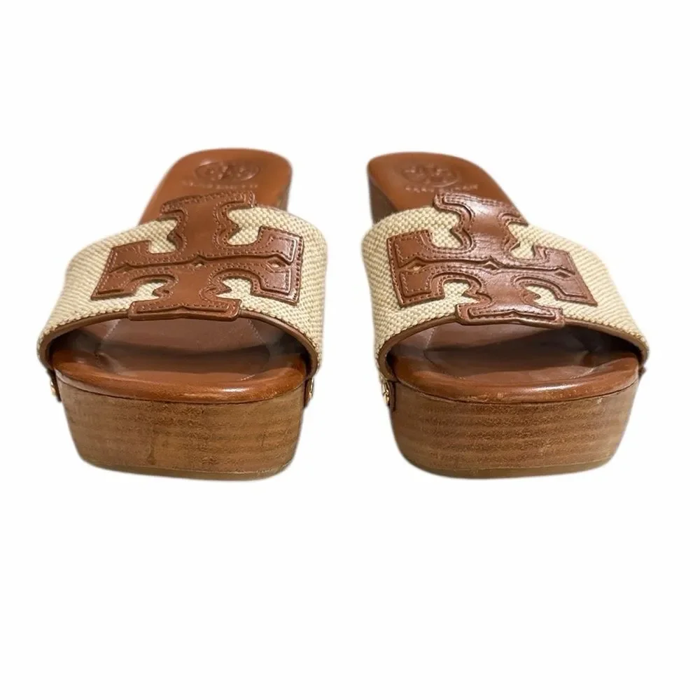 Tory Burch Brown and Tan Wedge Slide Sandals Size 7.5
